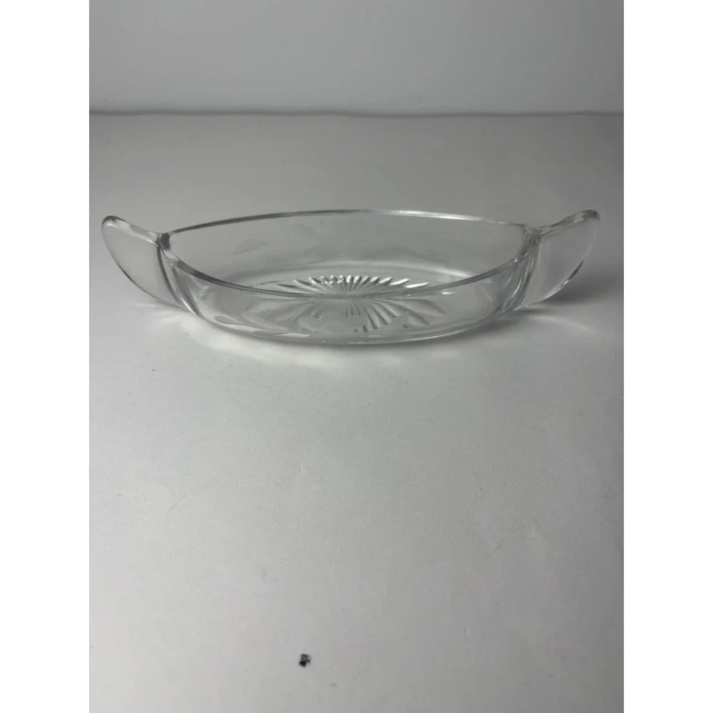 Vintage‎ Clear Etched Star Glass Oval Canoe Boat Dish w Handles Floral Design